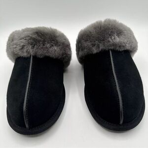 UGG Scuffette II Slippers Women’s Size 7 Black Suede Gray Wool Fur Lined